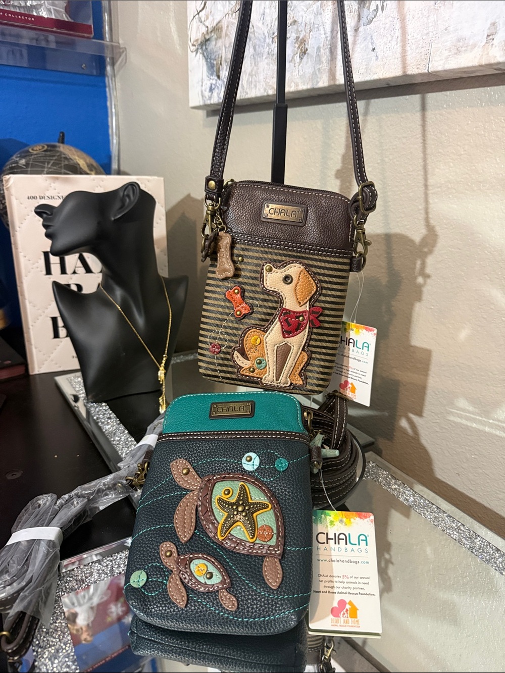 Chala Teal & Brown Crossbody Phone Bags with Turtle and Dog Appliqués